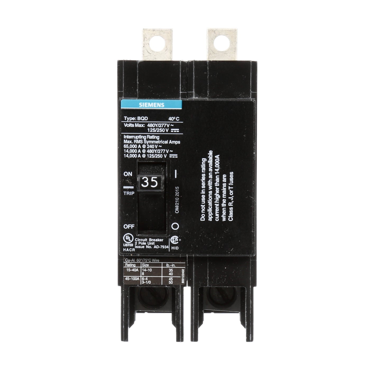 Siemens BQD235 Circuit Breaker | 480V 35A 2P 14kA@480V Bolt-On BQD Series