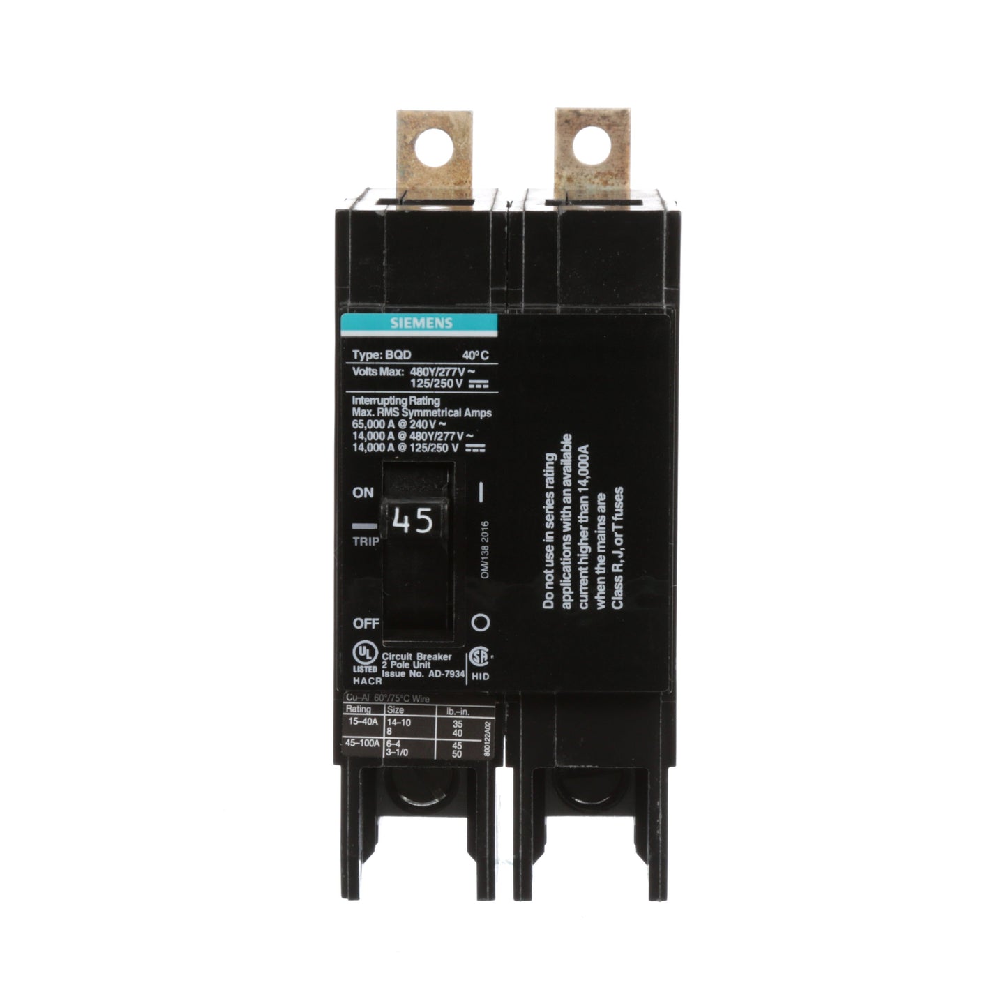 Siemens BQD245 Circuit Breaker | 480V 45A 2 Pole 14kA@480V Bolt-On BQD Series