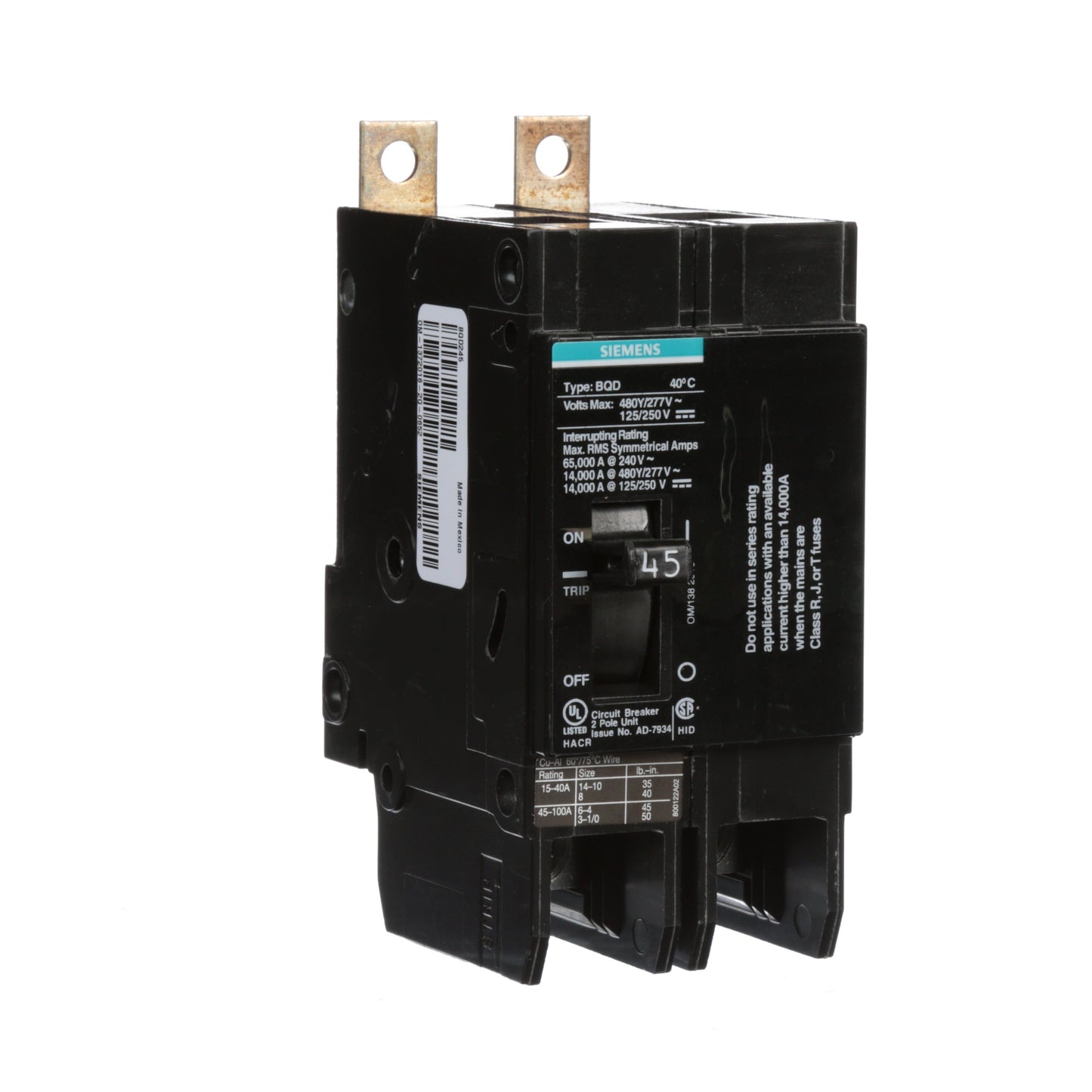 Siemens BQD245 Circuit Breaker | 480V 45A 2 Pole 14kA@480V Bolt-On BQD Series