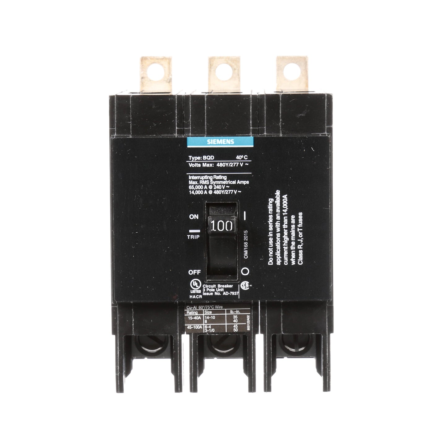 Siemens BQD3100 Molded Case Circuit Breaker | 480V 100A 3P 14kA@480V Bolt-on BQD Series