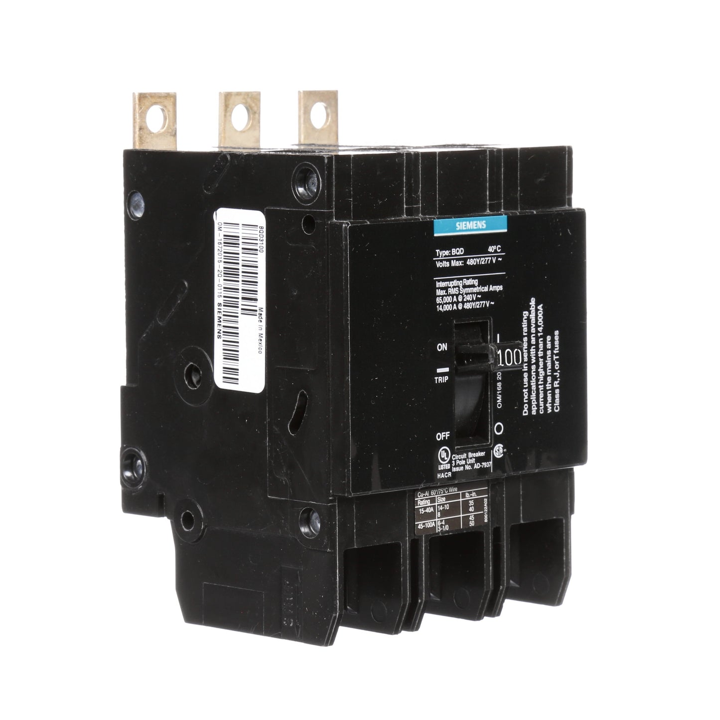 Siemens BQD3100 Molded Case Circuit Breaker | 480V 100A 3P 14kA@480V Bolt-on BQD Series