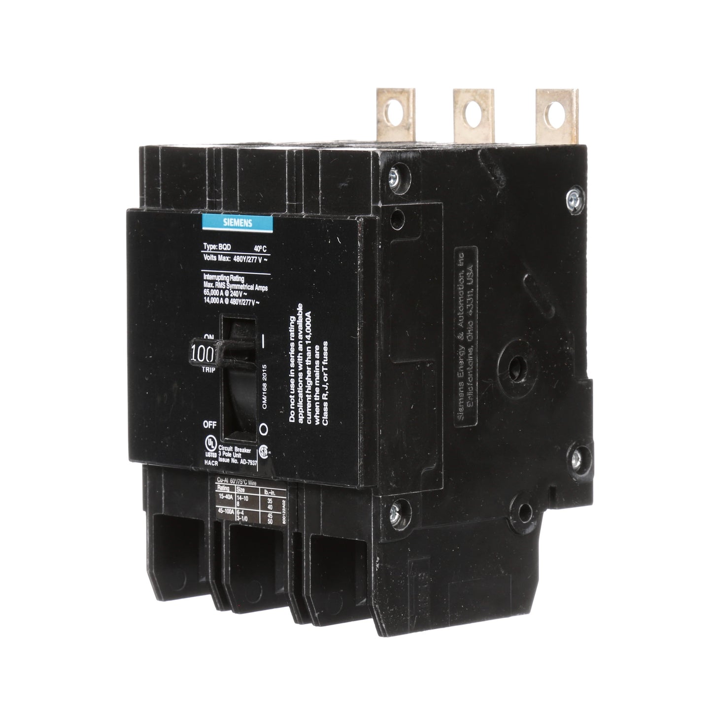 Siemens BQD3100 Molded Case Circuit Breaker | 480V 100A 3P 14kA@480V Bolt-on BQD Series