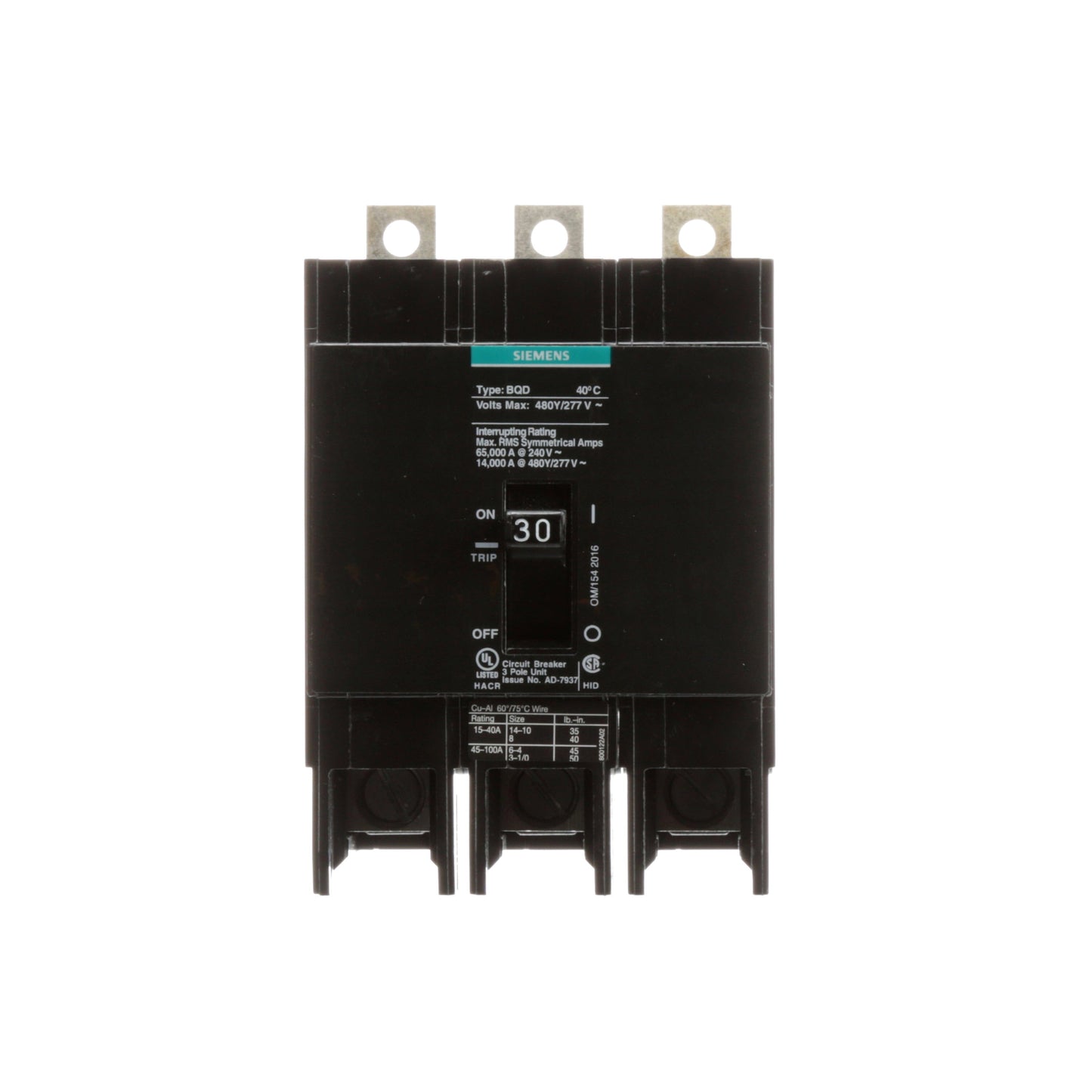 Siemens BQD330 Circuit Breaker | 480V 30A 3P 14kA@480V Bolt-on BQD Series
