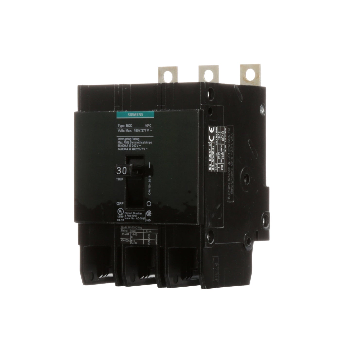 Siemens BQD330 Circuit Breaker | 480V 30A 3P 14kA@480V Bolt-on BQD Series