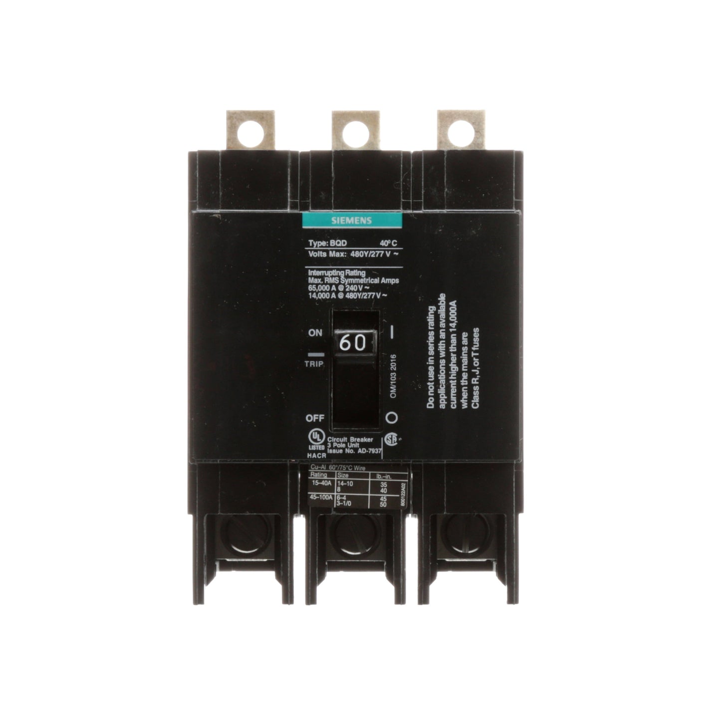 Siemens BQD360 Circuit Breaker | 480VAC 60A 3P 14kA@480V Bolt-on BQD Series