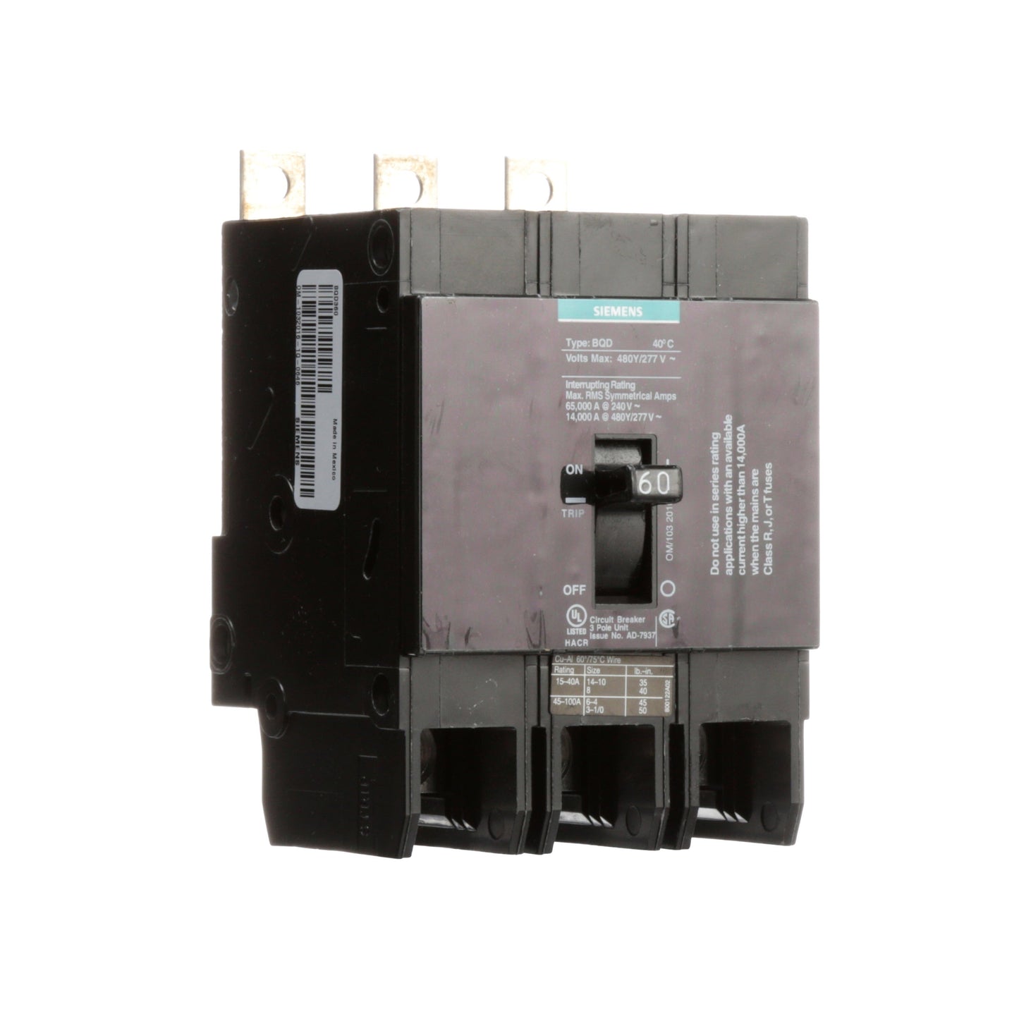 Siemens BQD360 Circuit Breaker | 480VAC 60A 3P 14kA@480V Bolt-on BQD Series