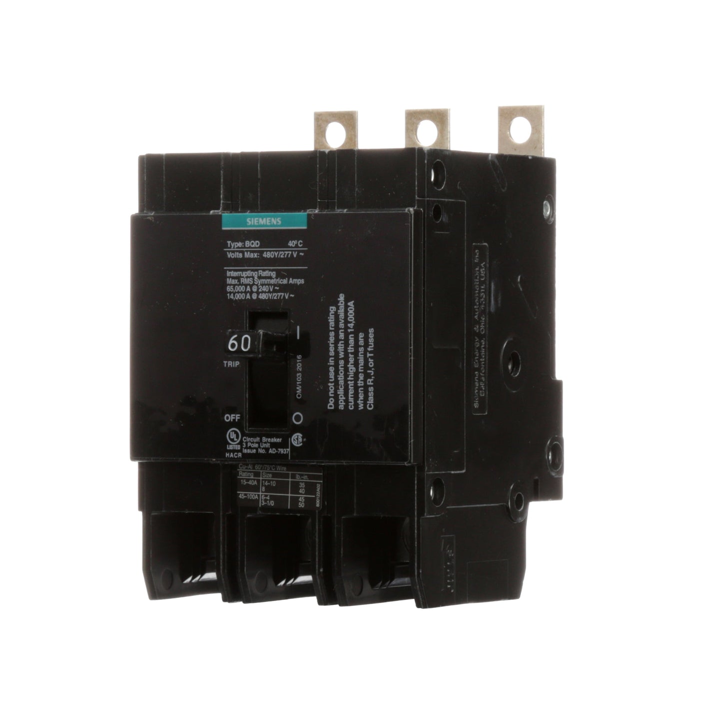 Siemens BQD360 Circuit Breaker | 480VAC 60A 3P 14kA@480V Bolt-on BQD Series