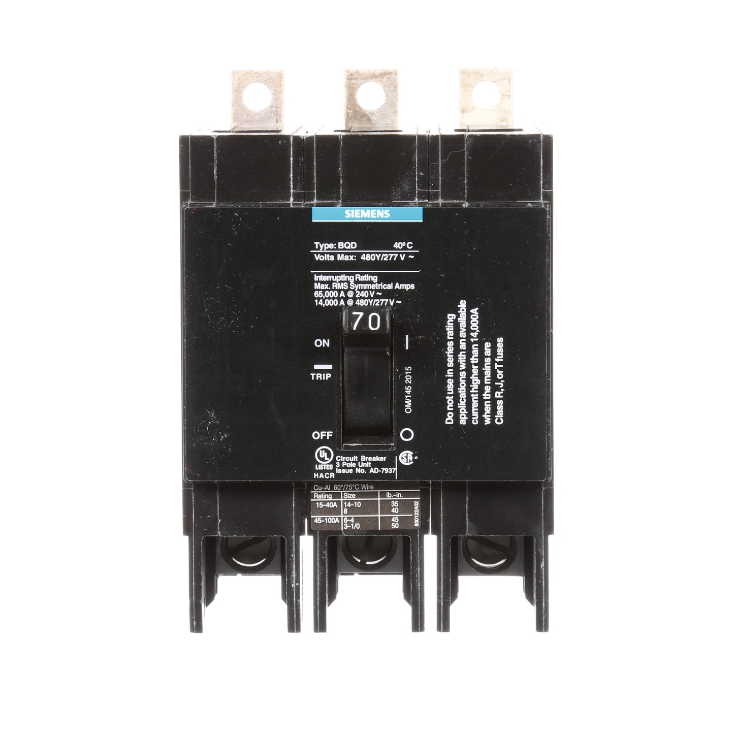 Siemens BQD370 Circuit Breaker | 480V 70A 3P 14kA@480V Bolt-on BQD Series