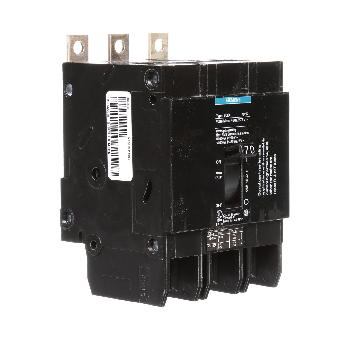 Siemens BQD370 Circuit Breaker | 480V 70A 3P 14kA@480V Bolt-on BQD Series
