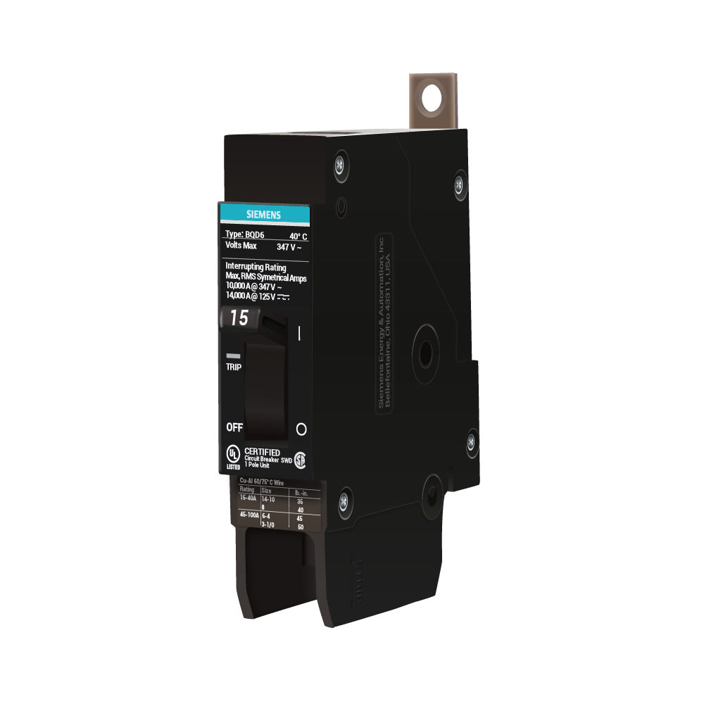 Siemens BQD6115 Circuit Breaker | 347V 15A 1P 10kA@347V Bolt-On BQD Series