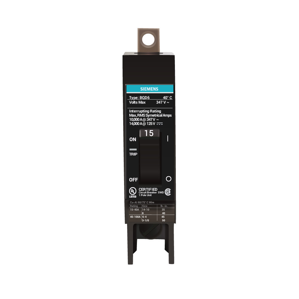 Siemens BQD6115 Circuit Breaker | 347V 15A 1P 10kA@347V Bolt-On BQD Series