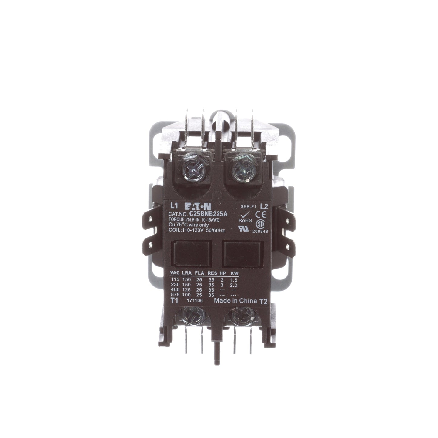 Cutler Hammer C25BNB225A Contactor | 2 pole 1 phase 600V 25A 120V coil C25 Series