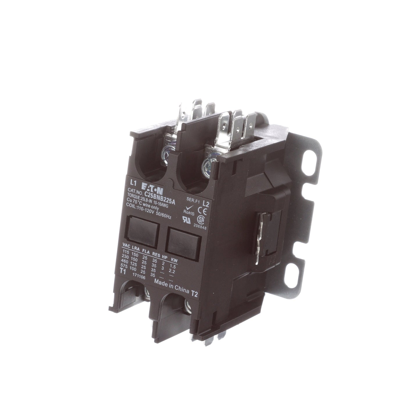 Cutler Hammer C25BNB225A Contactor | 2 pole 1 phase 600V 25A 120V coil C25 Series