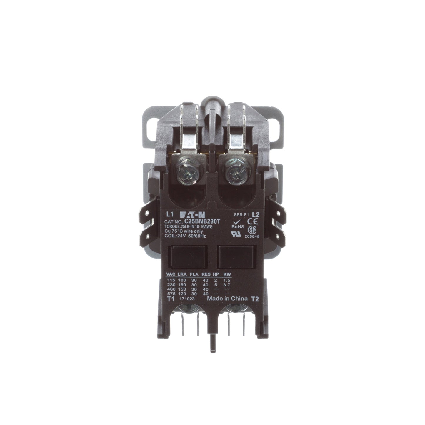 Eaton C25BNB230T Contactor | 2P 1P 600V 30A 24V C25 Series