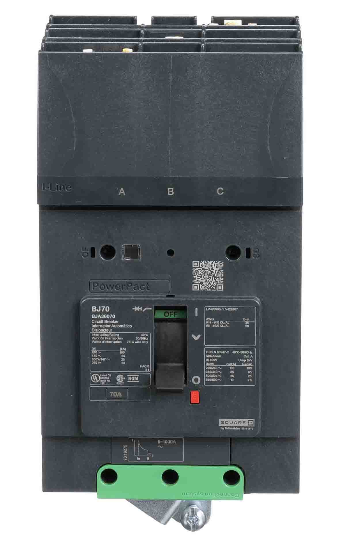 Schneider Electric BJA36070 Circuit Breaker | 600V 70A 3P 65kA@480V I-Line Style Plug-In Powerpact