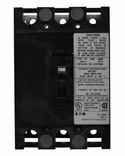 Cutler Hammer CC3100N Circuit Breaker | 240V 100A 3P 10kA@240V Feed-Thru CC Series