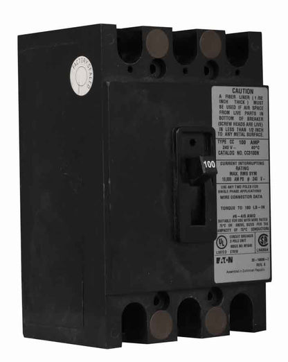 Cutler Hammer CC3100N Circuit Breaker | 240V 100A 3P 10kA@240V Feed-Thru CC Series
