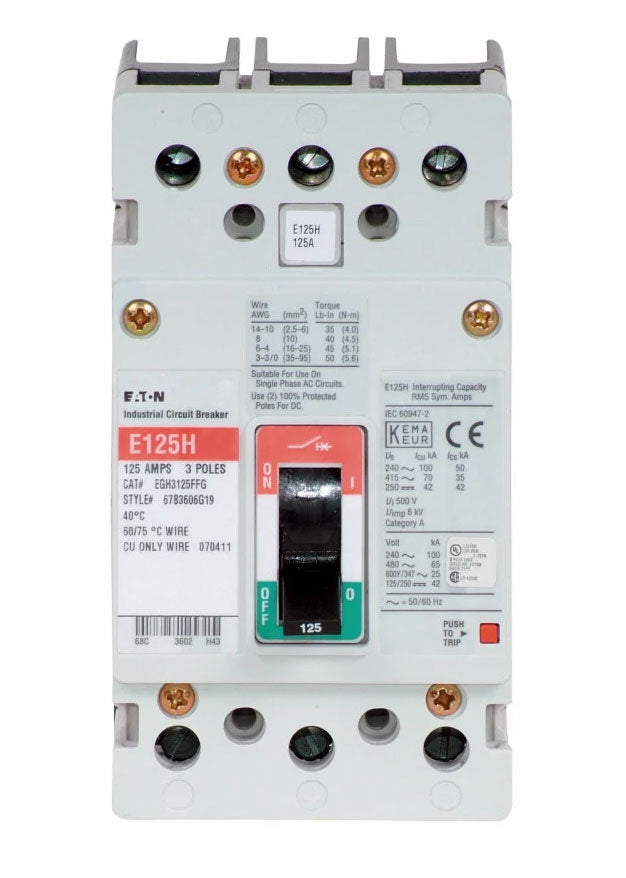 Cutler Hammer EGH3125FFG Molded Case Circuit Breaker | 600V 125A 3P 65kA@480V Bolt-On Series G