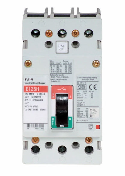 Cutler Hammer EGH3125FFG Molded Case Circuit Breaker | 600V 125A 3P 65kA@480V Bolt-On Series G