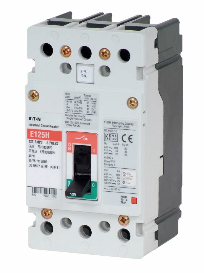 Cutler Hammer EGH3125FFG Molded Case Circuit Breaker | 600V 125A 3P 65kA@480V Bolt-On Series G