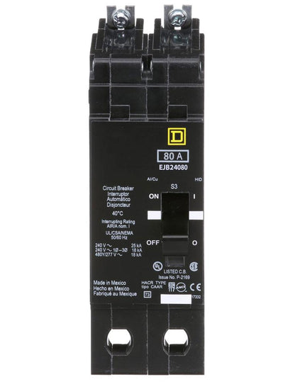 Square D EJB24080 Circuit Breaker | 480V 80A 2P 65kA@480V Bolt-On EJB Series