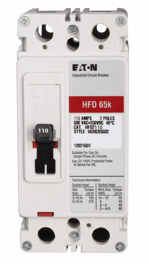 Westinghouse HFD2110 Molded Case Circuit Breaker | 600V 110A 2P 65kA@480V Bolt-On Series C