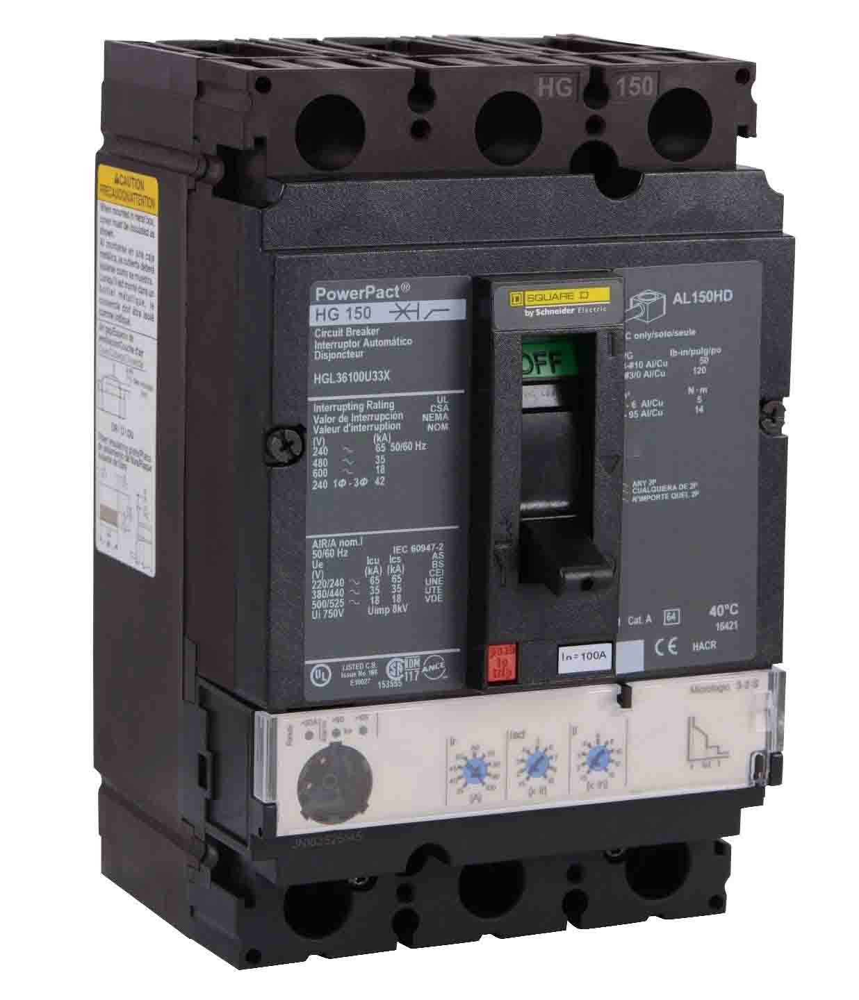 Square D HGL36100U33X Circuit Breaker | 600V 100A 3P 35kA@480V Feed-Thru Powerpact