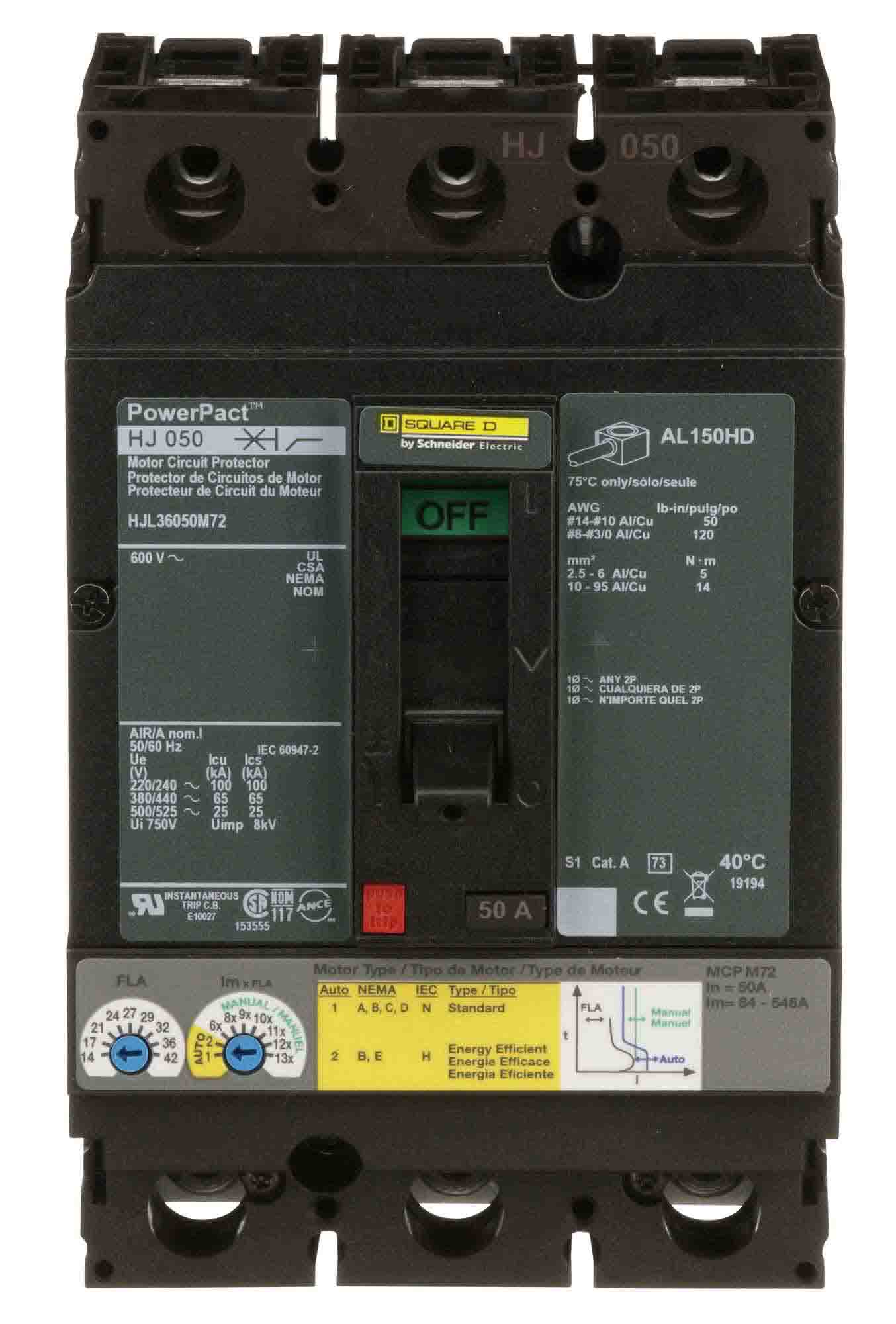 Square D HJL36050M72 Circuit Breaker | 600V 50A 3 Pole 65kA@480V Powerpact