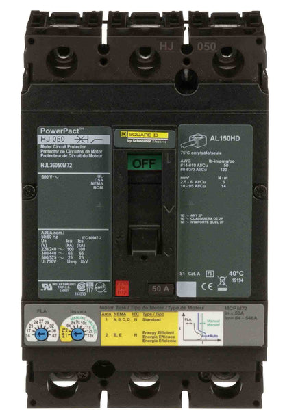 Square D HJL36050M72 Circuit Breaker | 600V 50A 3 Pole 65kA@480V Powerpact