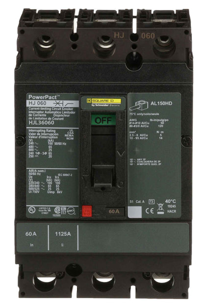 Square D HJL36060 Circuit Breaker | 600V 60A 3P 65kA@480V Feed-Thru Powerpact