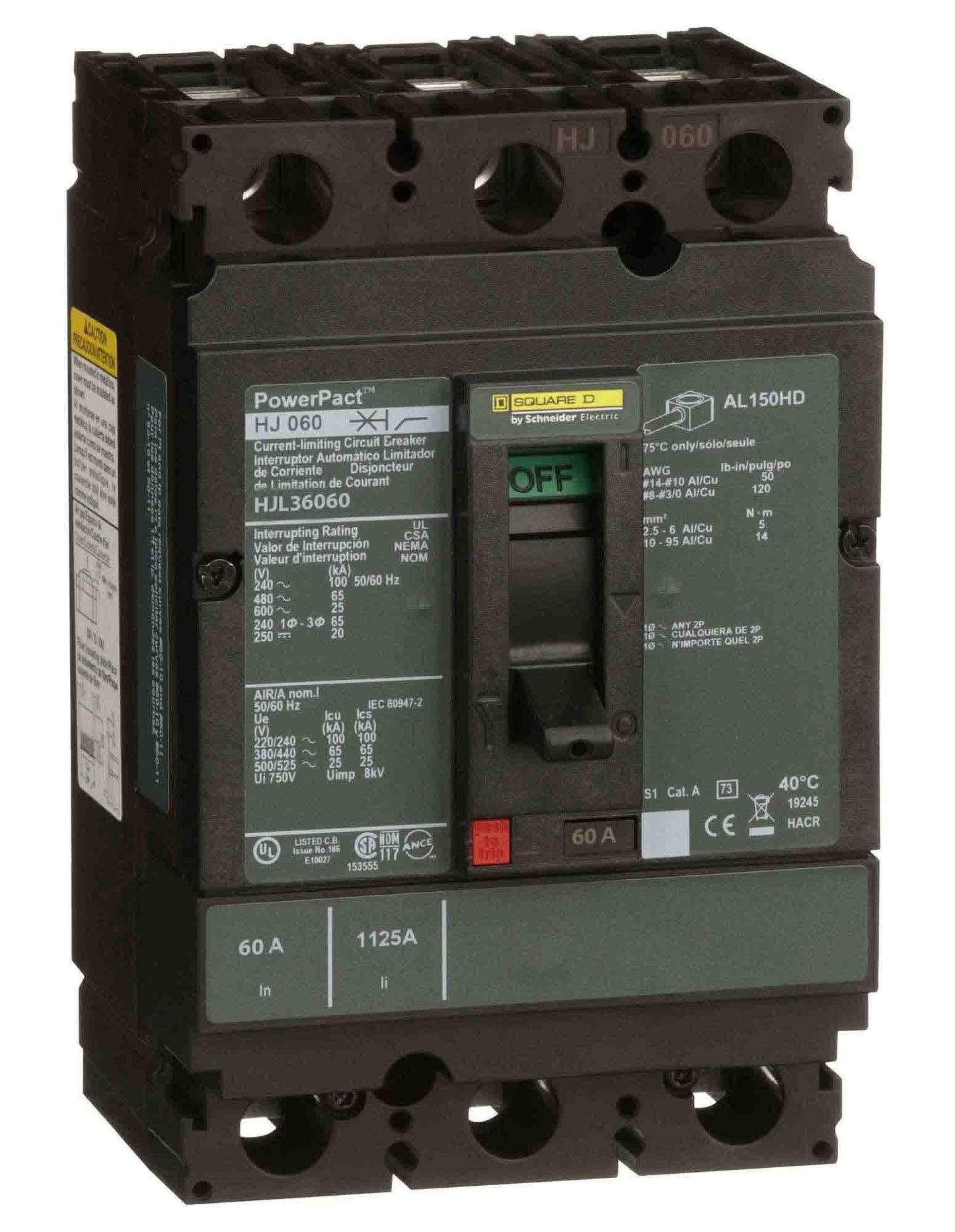 Square D HJL36060 Circuit Breaker | 600V 60A 3P 65kA@480V Feed-Thru Powerpact