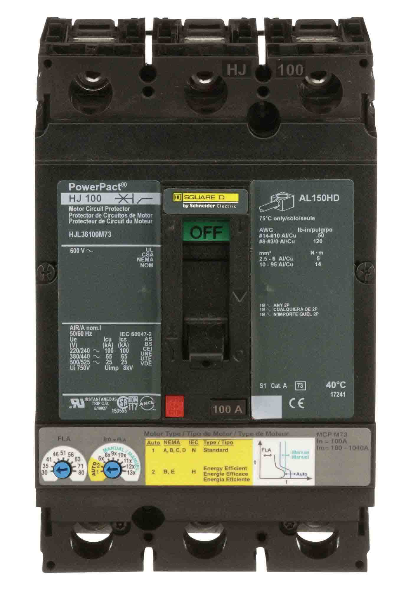 Square D HJL36100M73 Circuit Breaker | 690VAC 100A 3P 65kA@480V Feed-Thru Powerpact
