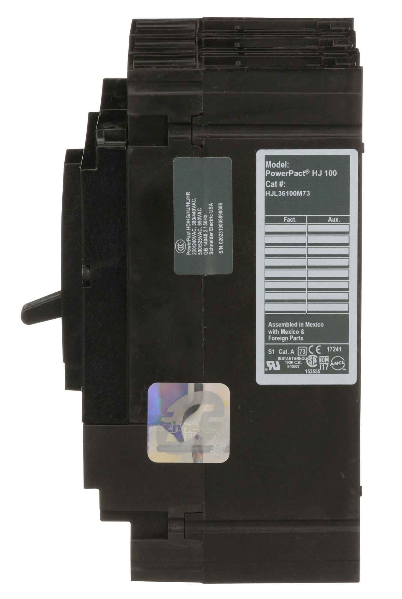 Square D HJL36100M73 Circuit Breaker | 690VAC 100A 3P 65kA@480V Feed-Thru Powerpact