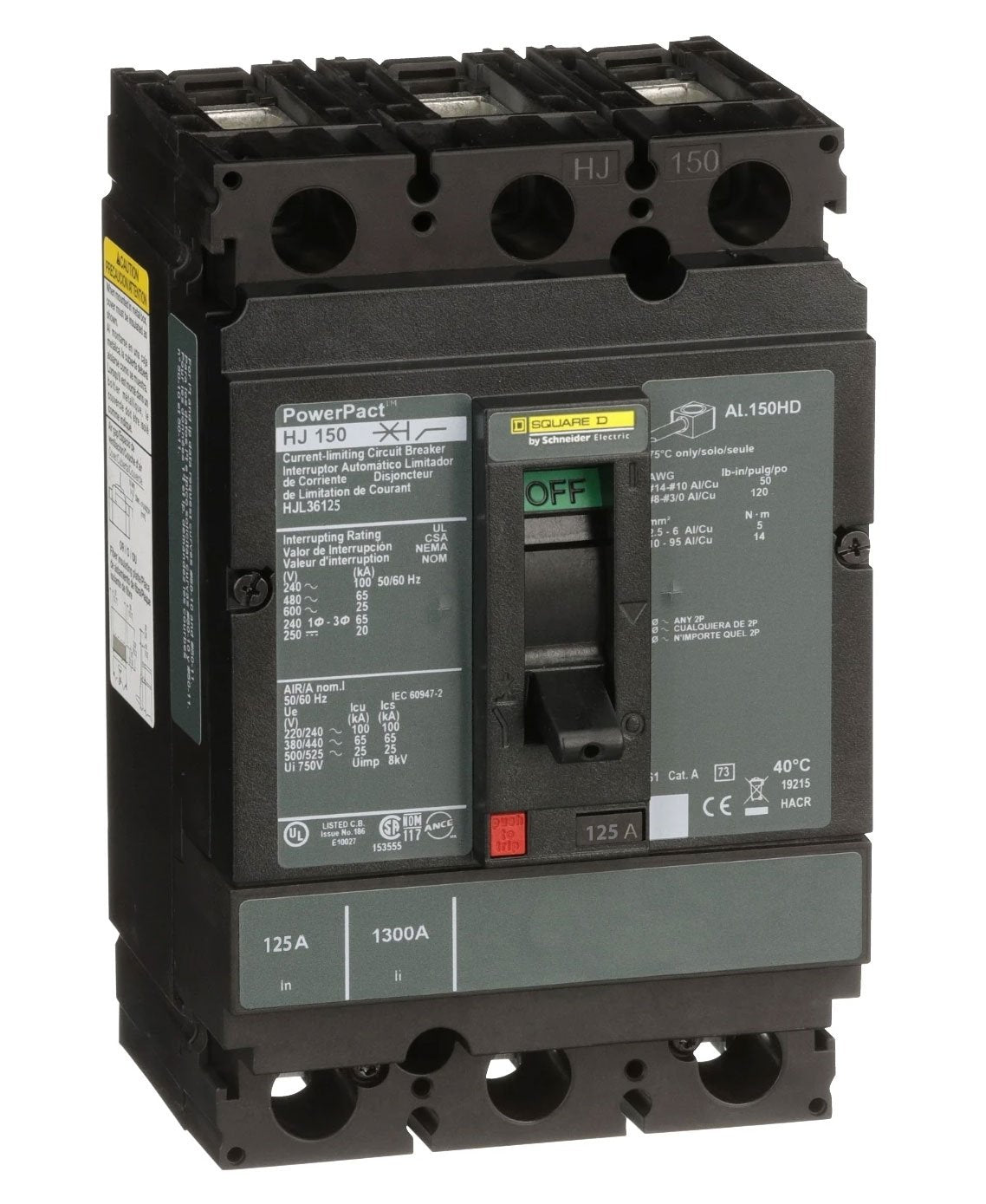 Square D HJL36125 Circuit Breaker | 600V 125A 3P 65kA@480V Feed-Thru Powerpact