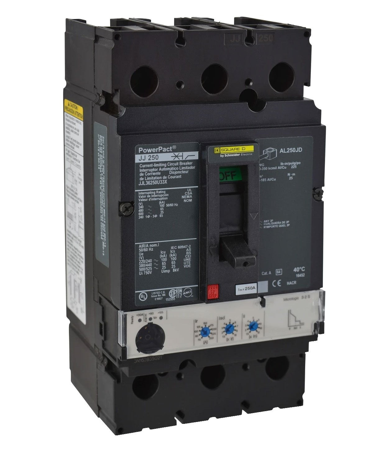 Square D JJL36250U33X Circuit Breaker | 600V 250A 3P 65kA@480V Feed-Thru Powerpact