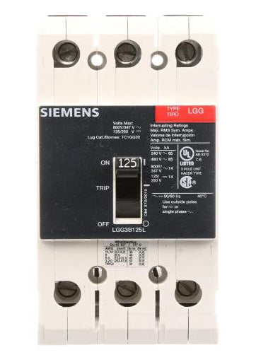 Siemens LGG3B125L Molded Case Circuit Breaker | 600V 125A 3P 65kA@480V Feed-Thru VL Series