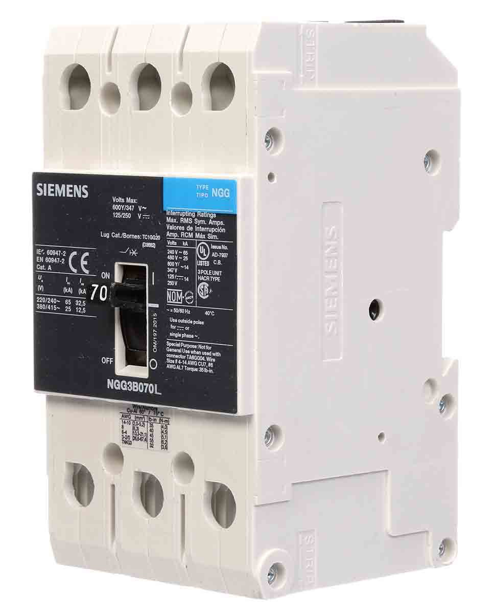 Siemens NGG3B070L Molded Case Circuit Breaker | 600V 70A 3P 25kA@480V Feed-Thru VL Series