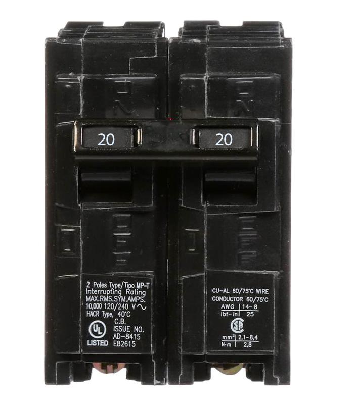 Siemens Q220 Circuit Breaker 120/240V 20A 2P 10kA@240V Plug-In Q Series