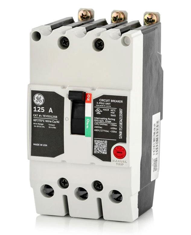 General Electric TEYD3125B Circuit Breaker | 480V 125A 3P 25kA@480V Bolt-On TEYD Series