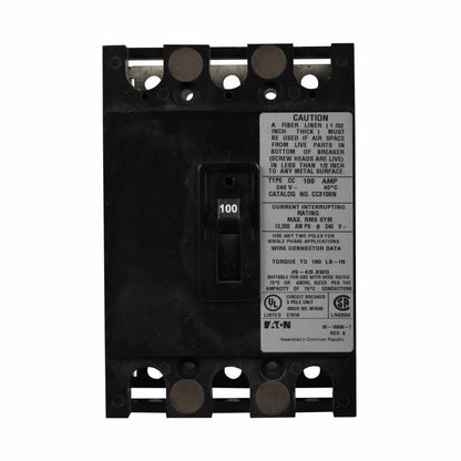 Cutler Hammer CC3100N Circuit Breaker | 240V 100A 3P 10kA@240V Feed-Thru CC Series