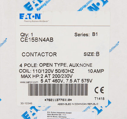 Cutler Hammer CE15BN4AB Contactor 4 pole 3 phase 600V 10A 110V coil