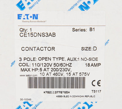 Cutler Hammer CE15DNS3AB Contactor 3P 3PH 600V 18A 110V Coil Freedom Series