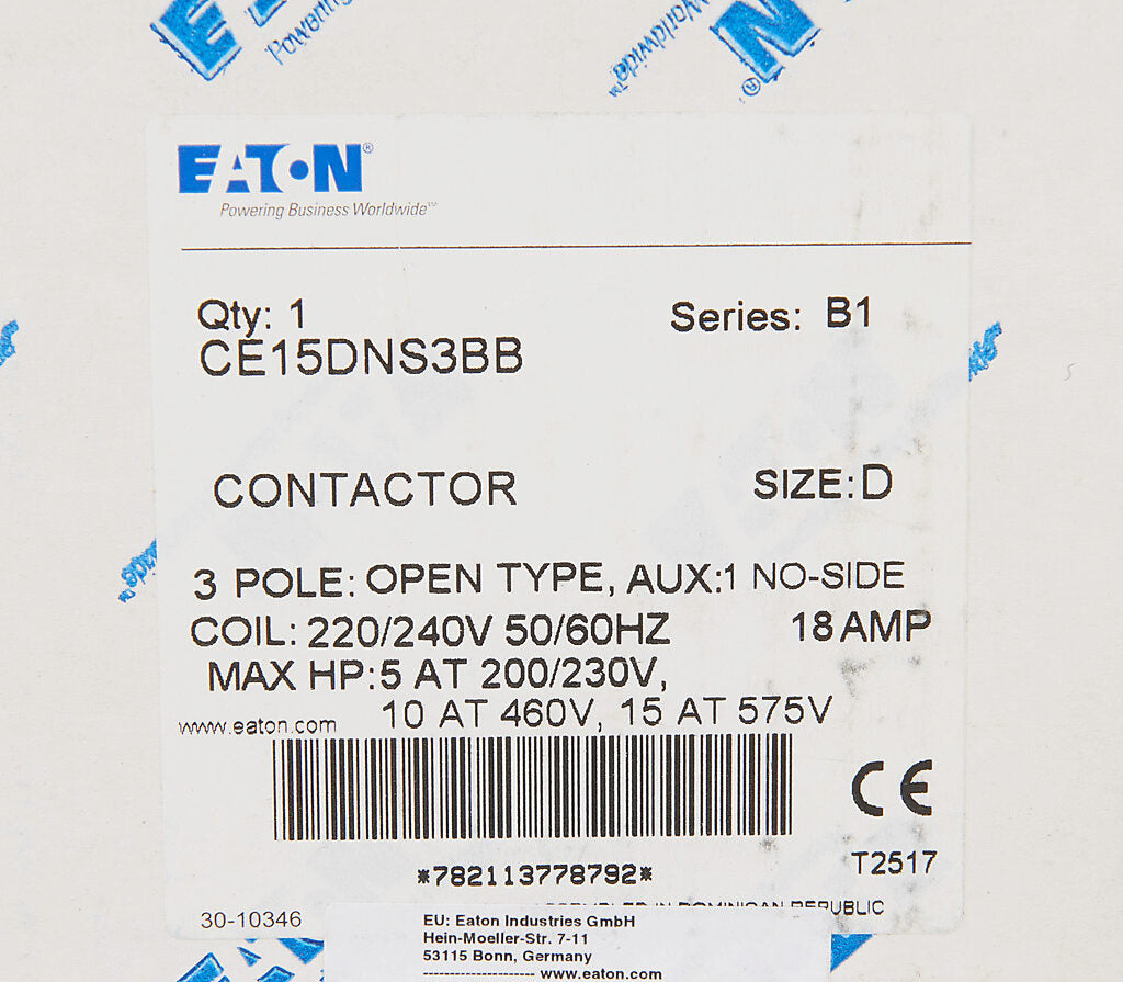 Cutler Hammer CE15DNS3BB Contactor | 3P 3Ph 600V 18A 220V Coil Freedom Series