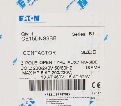 Cutler Hammer CE15DNS3BB Contactor | 3P 3Ph 600V 18A 220V Coil Freedom Series