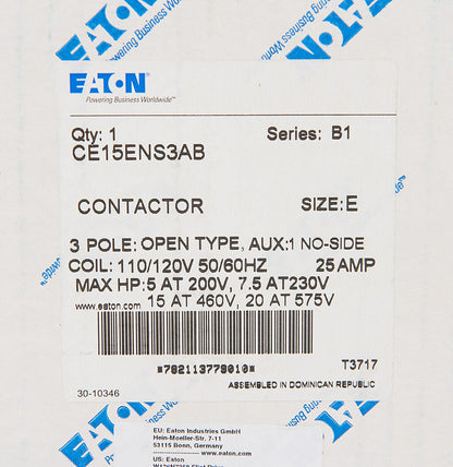 Cutler Hammer CE15ENS3AB Contactor | 3P 3Ph 600V 25A 110V Coil Freedom Series