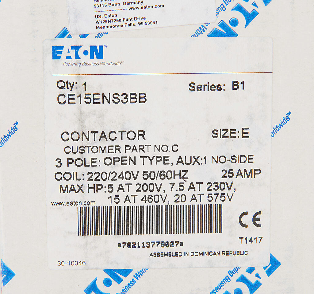 Cutler Hammer CE15ENS3BB Contactor 3 pole 3 phase 600V 25A 220V coil
