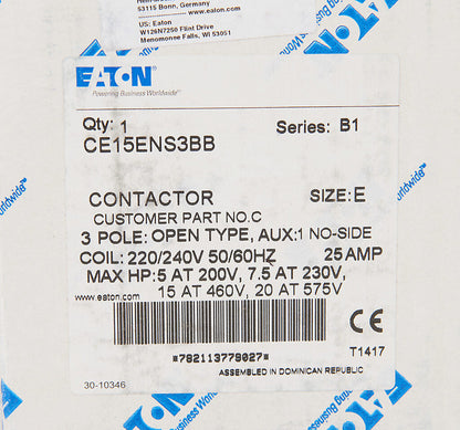 Cutler Hammer CE15ENS3BB Contactor 3 pole 3 phase 600V 25A 220V coil