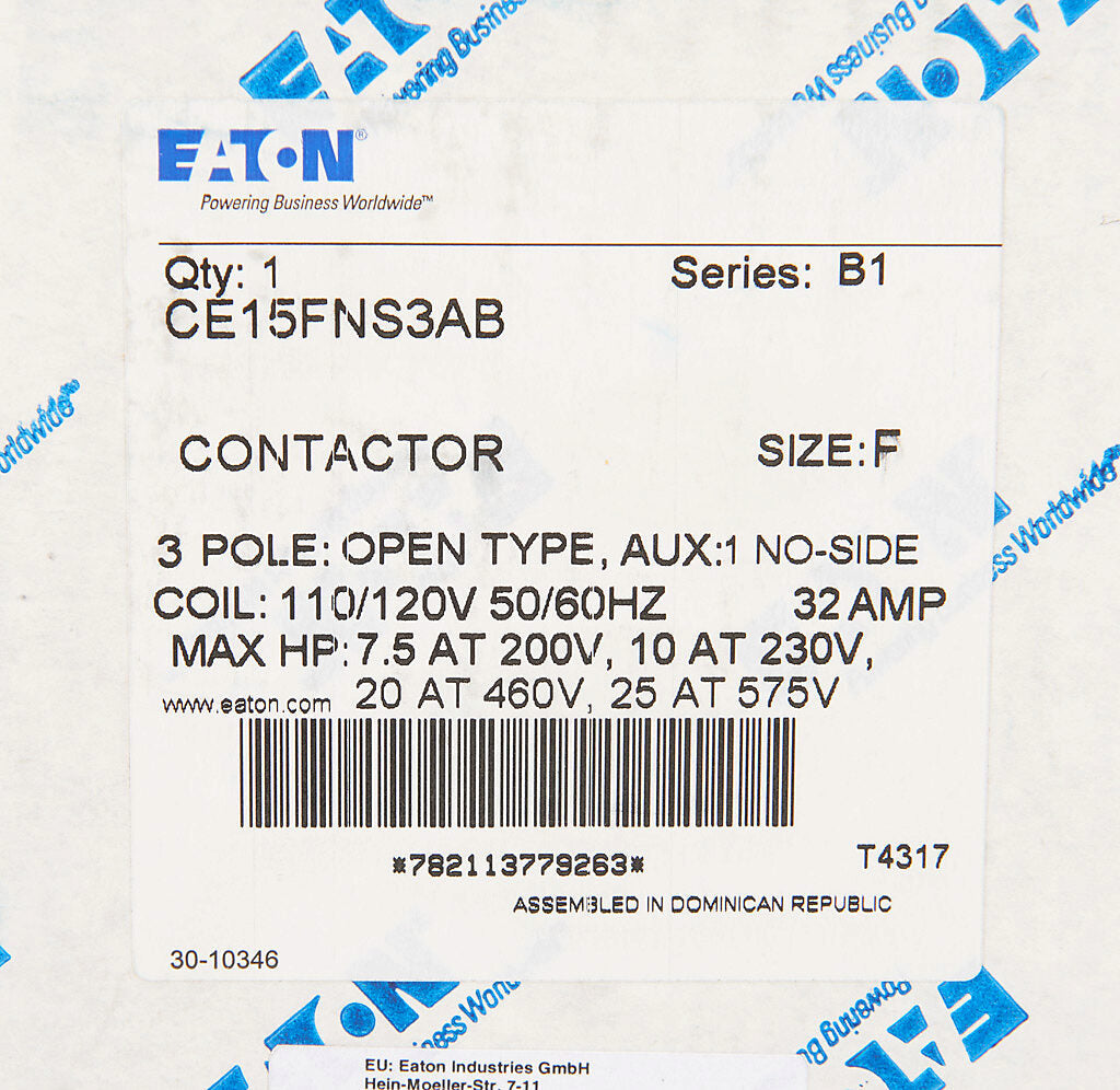 Cutler Hammer CE15FNS3AB Contactor | 3P 3PH 600V 32A 110V Coil Freedom Series