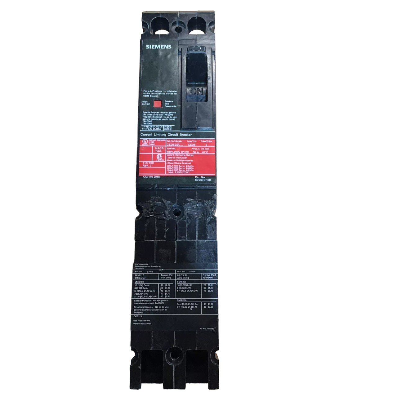 Siemens CED62B090L Circuit Breaker | 600V 90A 2P 200kA@480V Feed-Thru Sentron Series