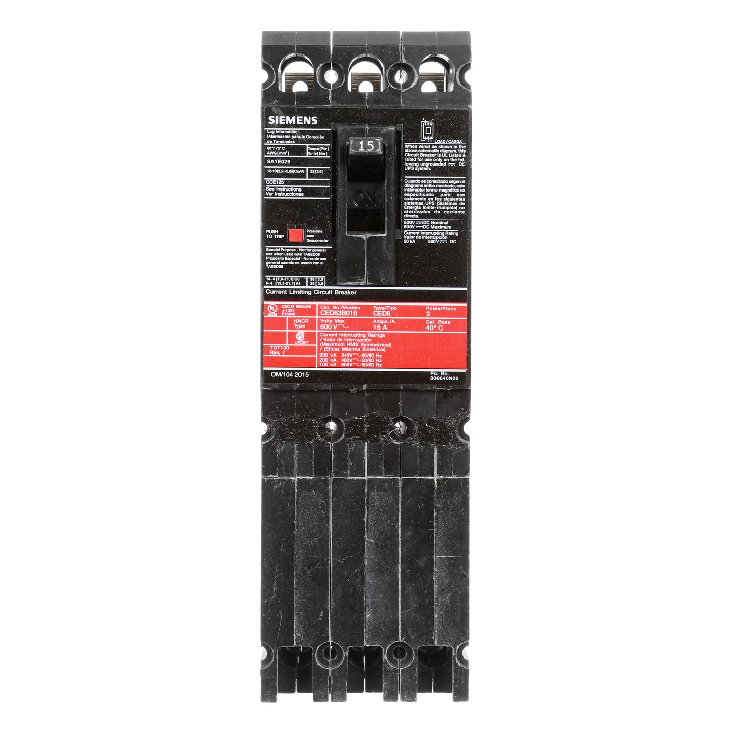 Siemens CED63B015 Circuit Breaker | 600V 15A 3P 200kA@480V Bolt-On Sentron Series